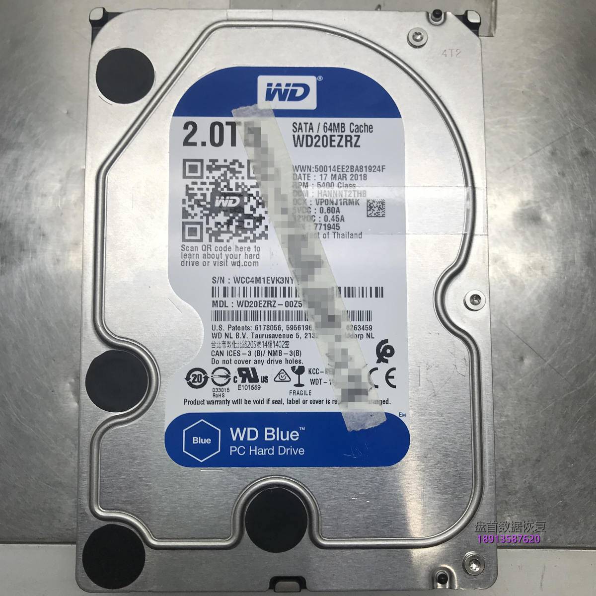 WD20EZRZ-00Z5HB0西数2TB台式机硬盘磁头损坏开盘数据恢复成功