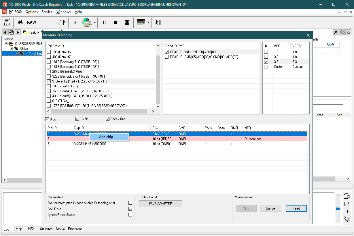 PC3000 Flash 8.2.x版本升级后将不支持的芯片 ID 添加到软件中