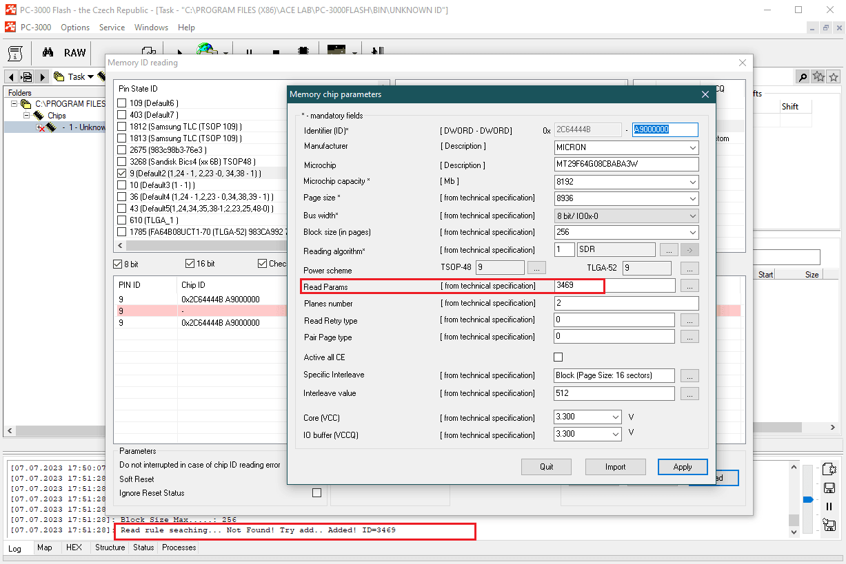 PC3000 Flash 8.2.x版本升级后将不支持的芯片 ID 添加到软件中